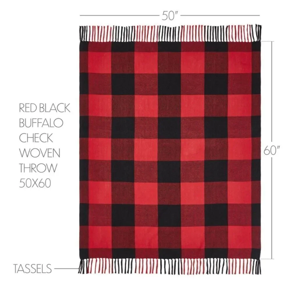 Buffalo Plaid Christmas Fringed Throw Blanket Red Black Farmhouse Lodge Rustic